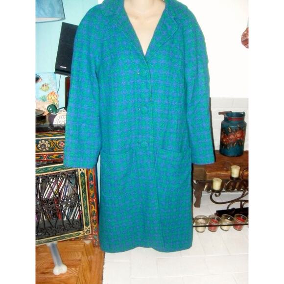 VINTAGE 50'S 60'S TURQUOISE TWEED CHECKERED PATTERN COAT - Picture 1 of 5